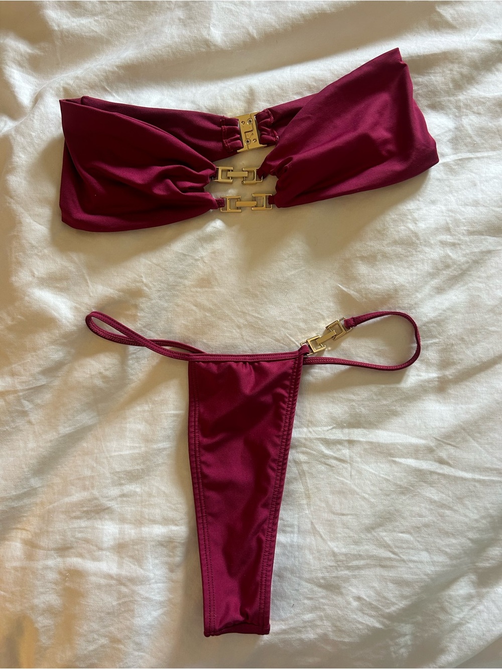 Women’s Burgundy Strapless Bikini Set with Gold Accent Hardware